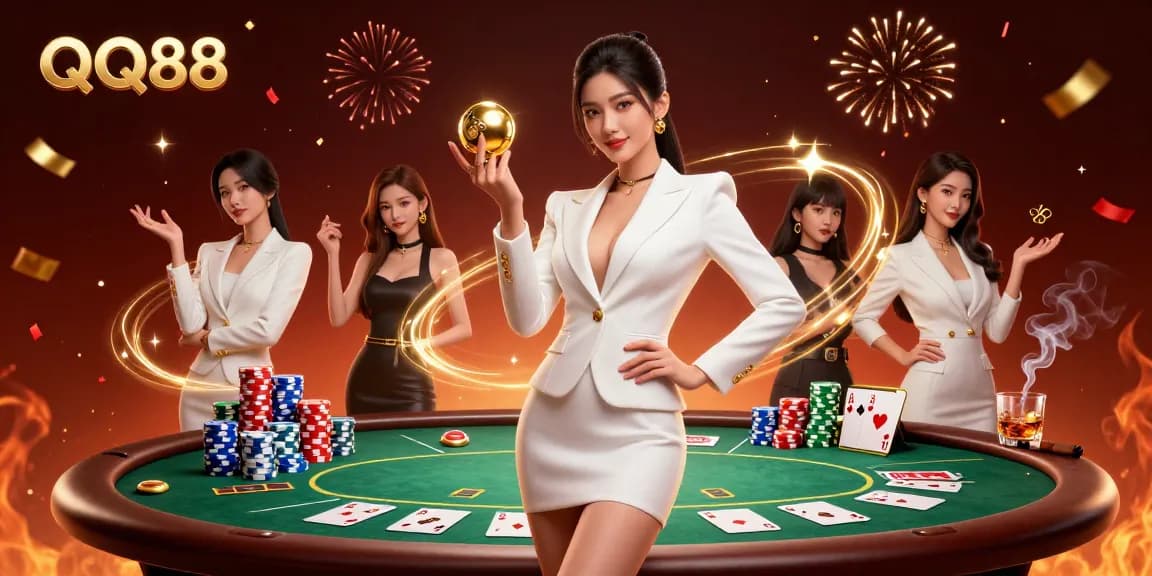 Engage with QQ88 as a gorgeous Asian woman showcases luxury casino elements amidst vibrant celebrations.