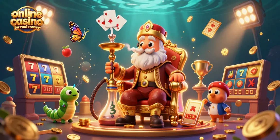 Experience the excitement of an online casino for real money with a whimsical 3D illustration featuring a sultan caterpillar amidst slot reels and golden coins.