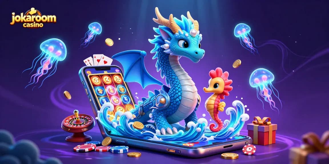 Engaging 3D scene of jokaroom casino with a water dragon, seahorse knight, and vibrant casino elements.