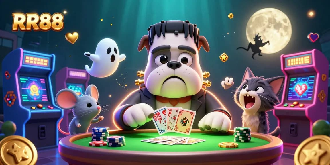 RR88 offers thrilling gameplay with a cartoon bulldog dealer, ghost mouse, and werewolf kitten in a dynamic casino scene.