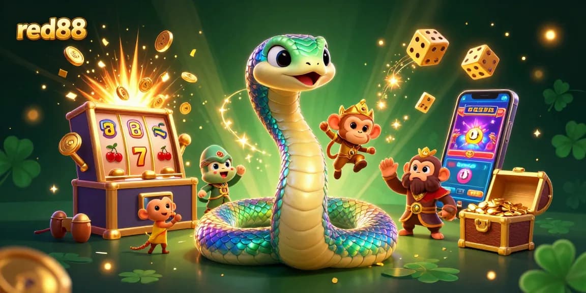Join the excitement of red88 with a vibrant casino scene featuring a rainbow serpent and a playful monkey king.