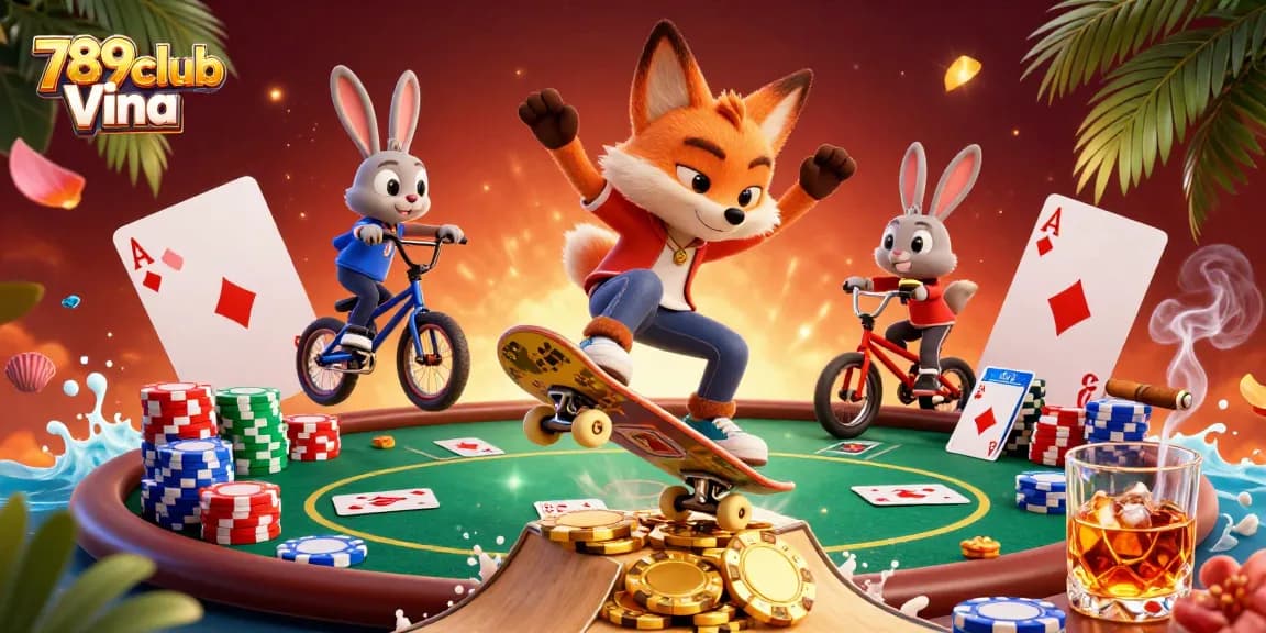 Engage with 789club Vina's vibrant casino scene featuring a skateboarder fox and BMX rabbit.