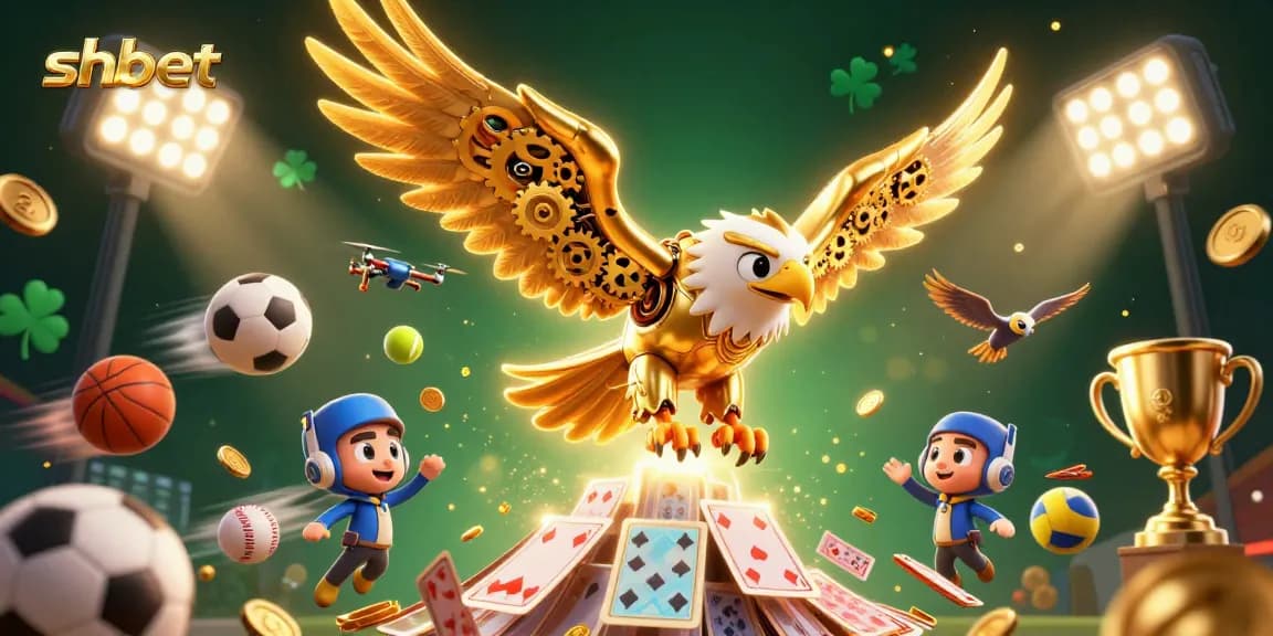 shbet engages bettors with vibrant action featuring a cybernetic eagle among sports elements.