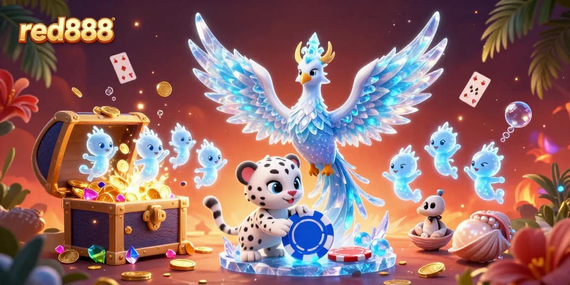 Experience vibrant excitement with red888 as a mystical phoenix and playful characters animate the casino scene.
