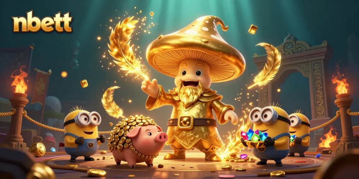 Experience the magic of nbett with a 3D illustration depicting a golden mushroom wizard and treasure-hunting pig.