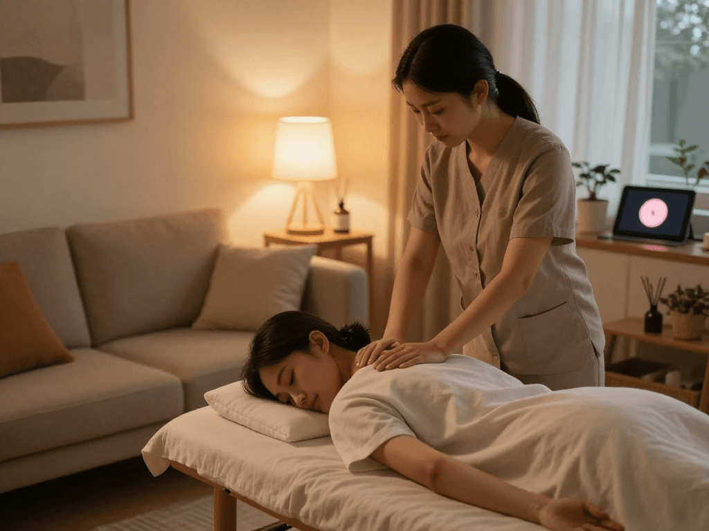 An individual enjoying 안산출장마사지 therapy in a cozy living room, promoting relaxation and wellness.