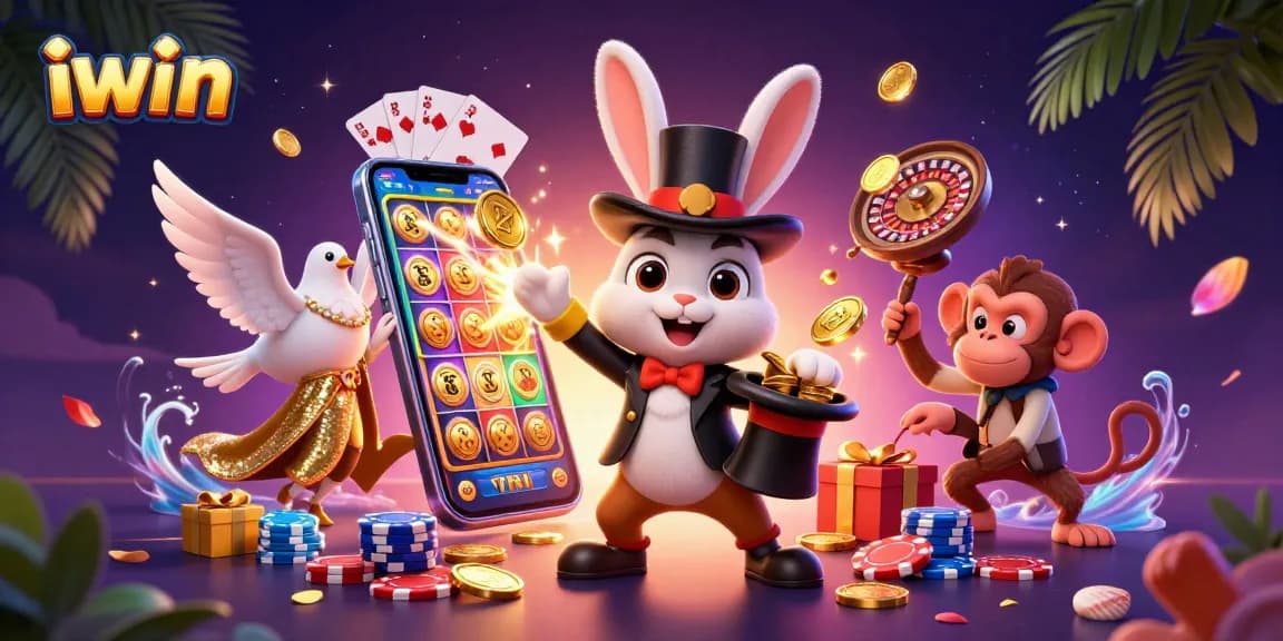 Experience the magic of iwin as a cartoon magician rabbit reveals golden coins in a vibrant casino setting.