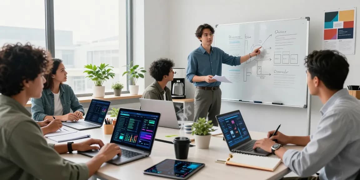 Collaborative tech workspace showcasing AI tools 2026 in action, with professionals engaging around laptops and digital screens.