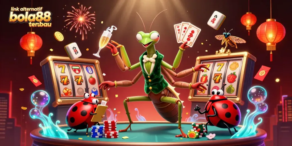 Engage in thrilling gaming action at link alternatif bola88 terbaru with vibrant characters, slot and gambling elements.