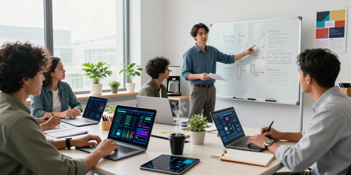 Collaborative tech workspace showcasing AI tools 2026 in action, with professionals engaging around laptops and digital screens.