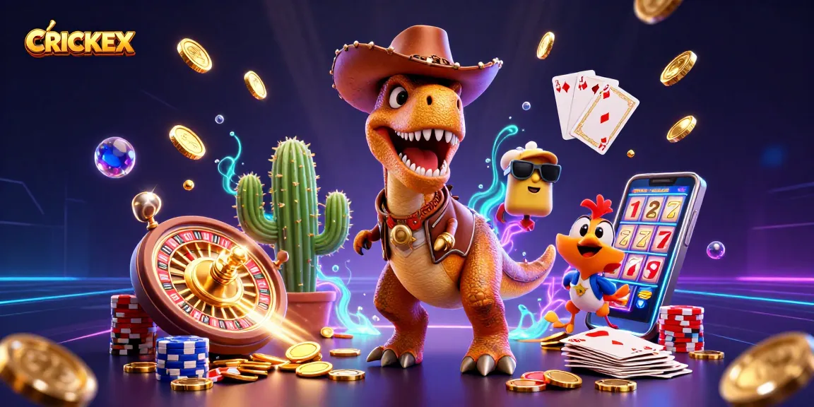 CRICKEX offers an engaging betting experience with a vibrant illustration of casino elements and characters.