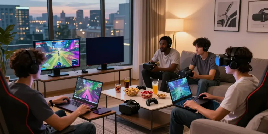 Diverse gamers enjoying a multiplayer experience at home on ee88a.exposed with vibrant graphics and a stylish setting.