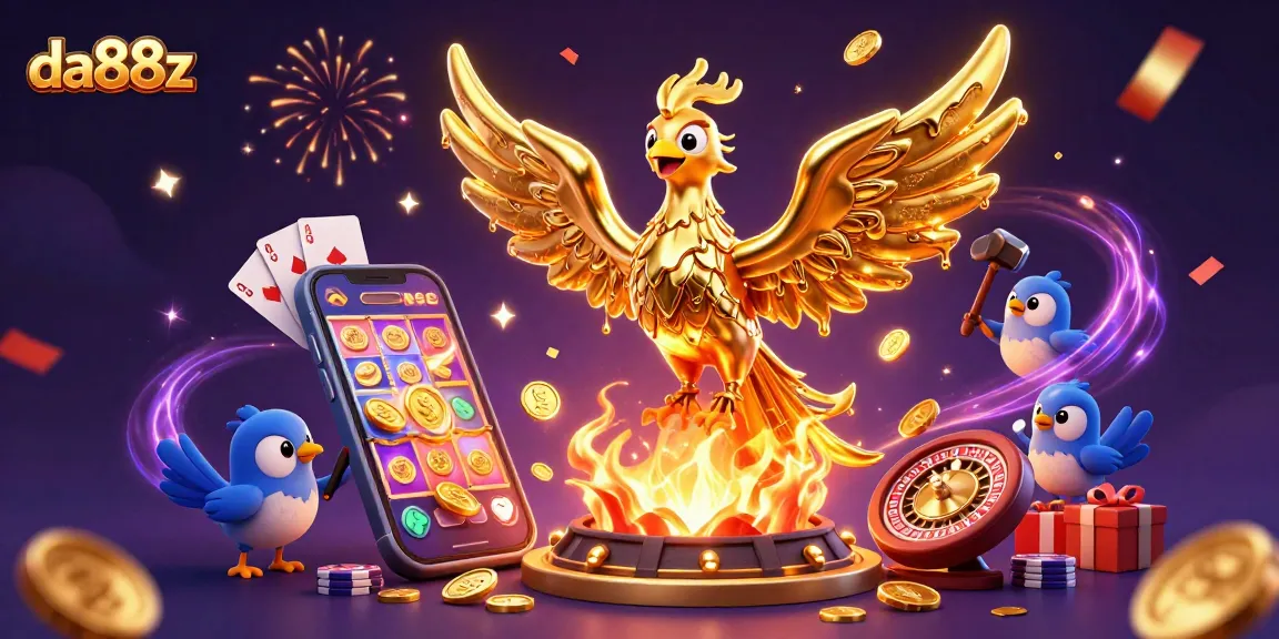Win big at da88z with an energetic casino scene showcasing a molten phoenix and slot games.
