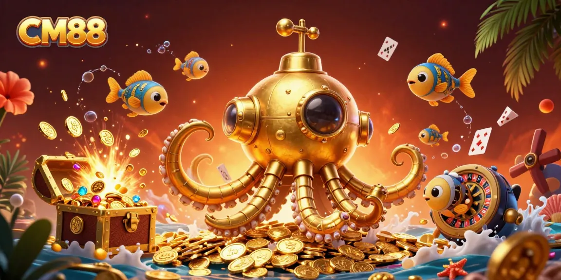 Join the adventure at CM88 with a vibrant underwater scene filled with golden coins and casino theme elements.