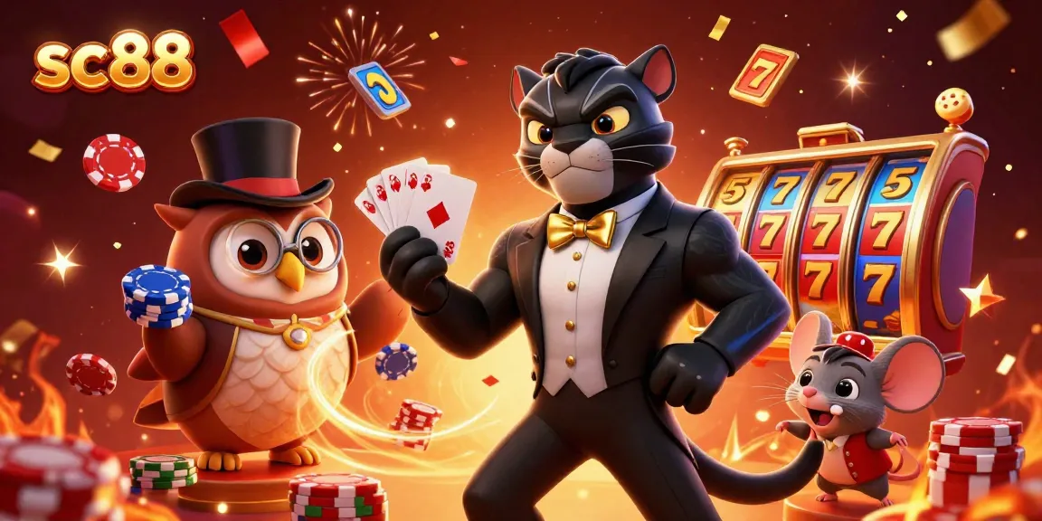 Engage with sc88's thrilling slot experience featuring a stylish panther, owl, and lucky mouse.