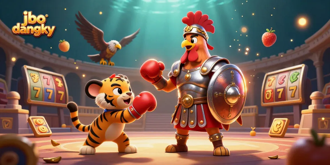 Experience the excitement of jbo dangky with a vibrant scene of gambling action featuring a rooster and unique casino elements.