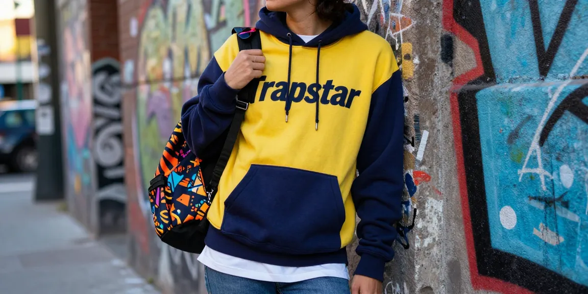 Felpa trapstar indossata in un contesto urbano alla moda, con graffiti sullo sfondo.