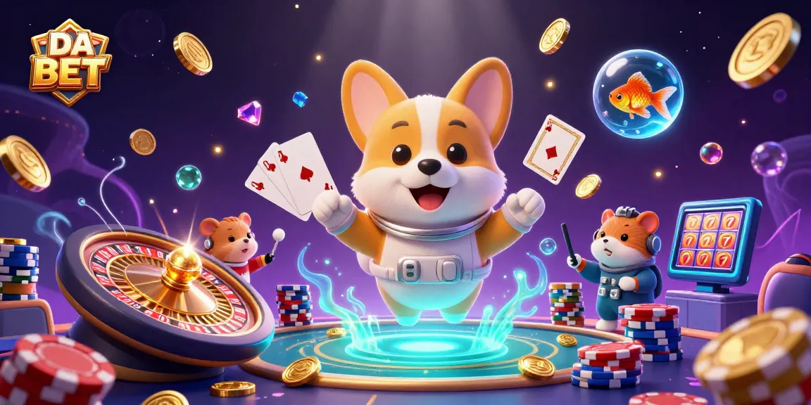 DA BET online casino scene featuring a floating astronaut corgi and mission-control hamster