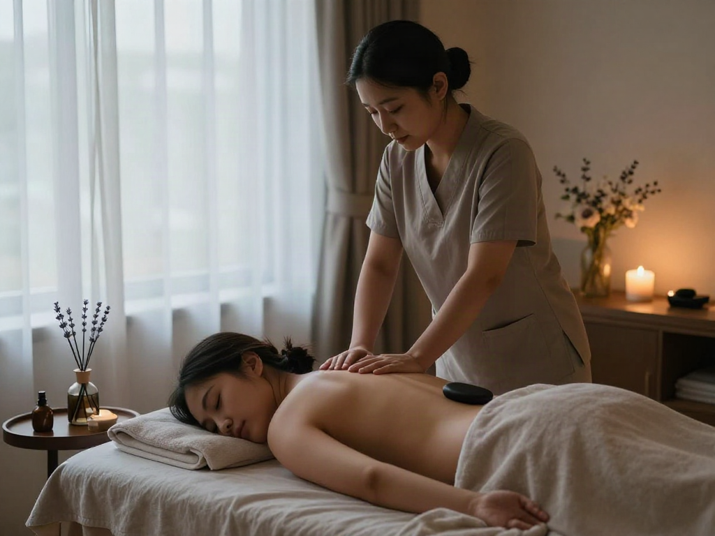 Relaxation during 부천출장마사지 in a calming wellness room with soothing lighting.