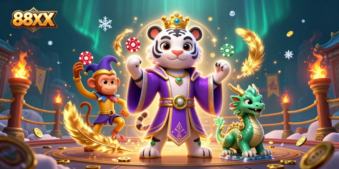 Engage in thrilling gameplay with 88XX featuring a regal white tiger, playful monkey, and jade dragon.