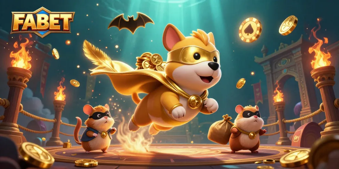 Experience thrilling gameplay with FA BET as a heroic dog flies through a rich casino scene filled with gold coins.