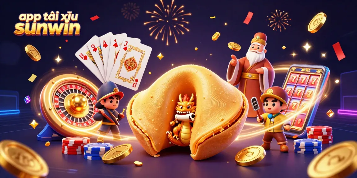 Engage with the exciting app tài xỉu sunwin, featuring a dynamic scene of dragons and fortune cookies.