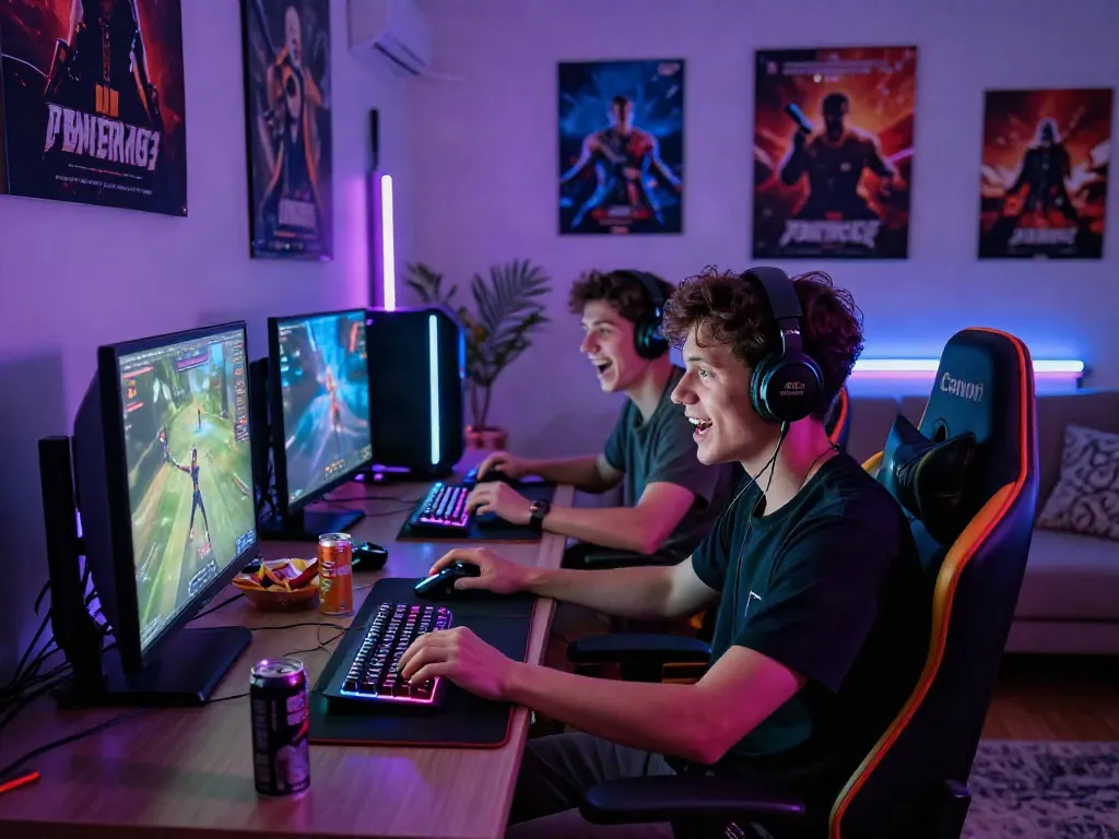 Engaged player at rokok88 login in modern gaming room with dynamic lighting.