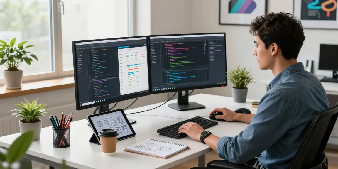 Dynamic workspace featuring a developer coding, evoking the WPS Official Website's innovative tech environment.