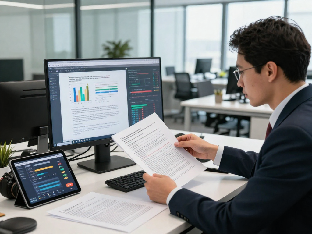 Data analyst engaged in document fraud detection analysis with digital tools in an office setting.