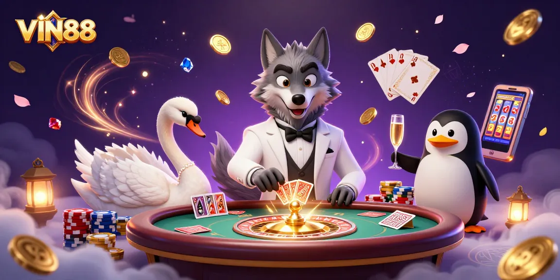 Experience thrilling baccarat action with VIN88 featuring a debonair wolf and elegant characters.