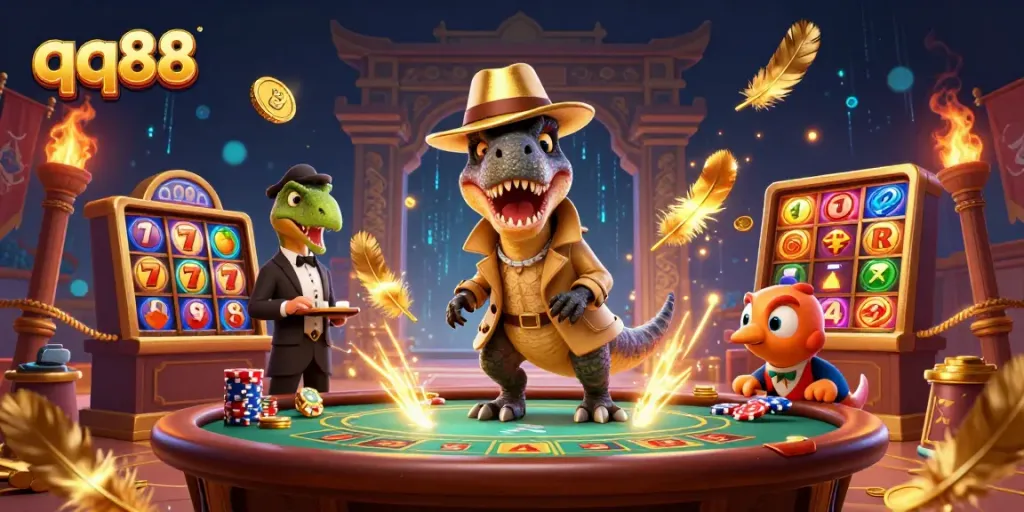 Engage with qq88's exciting blackjack scene featuring a clever velociraptor and a suspicious pit boss.