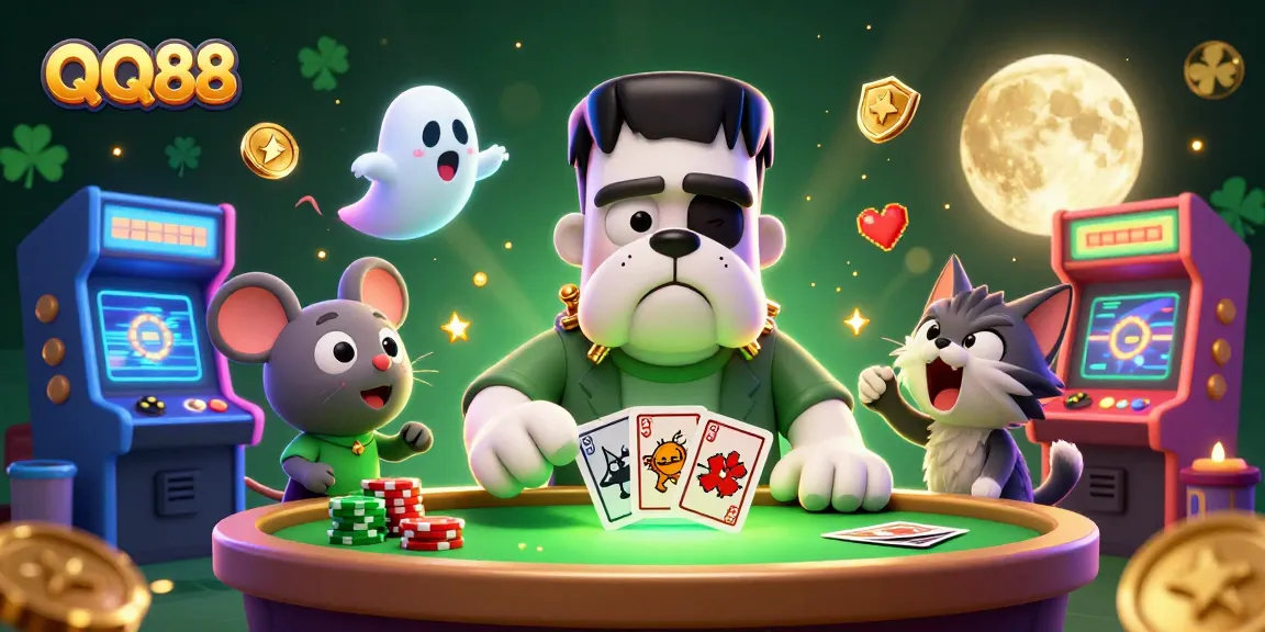 Experience thrilling gameplay at QQ88 with a 3D cartoon scene of a bulldog dealer, ghost mouse, and werewolf kitten.