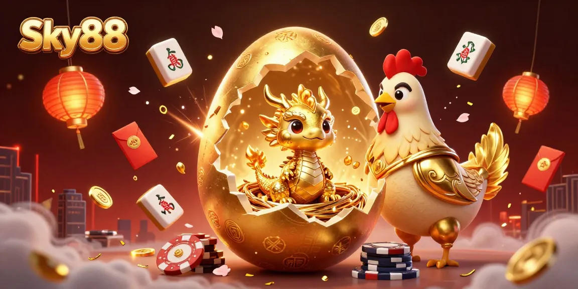 Experience winning at Sky88 with a golden dragon emerging from a nest of poker chips.