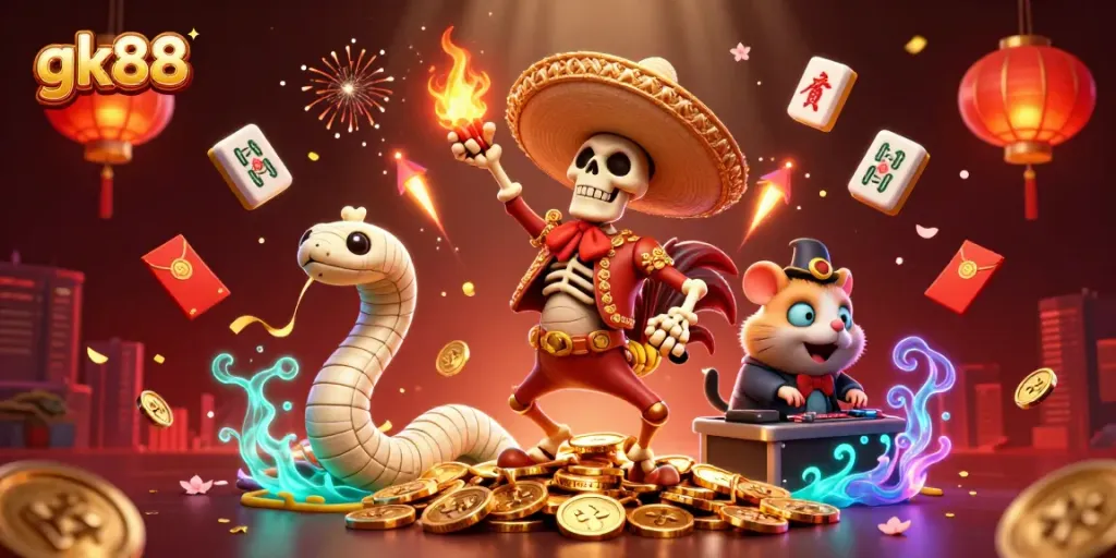 gk88 skeleton mariachi rooster dancing on coins, surrounded by vibrant casino symbols