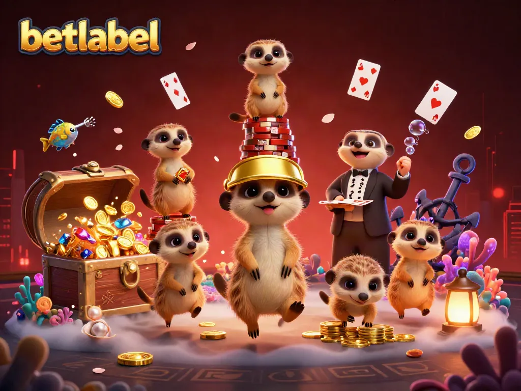 Betlabel meerkats running casino operations under a deep red sky, surrounded by treasures and games.