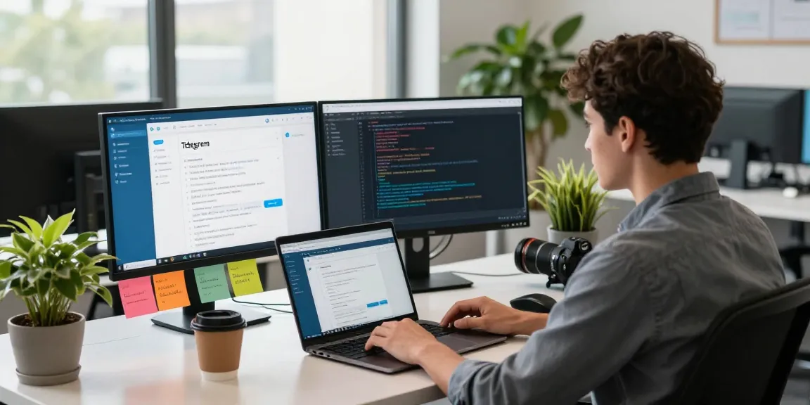 Download Telegram in a tech workspace showing developer's vibrant setup