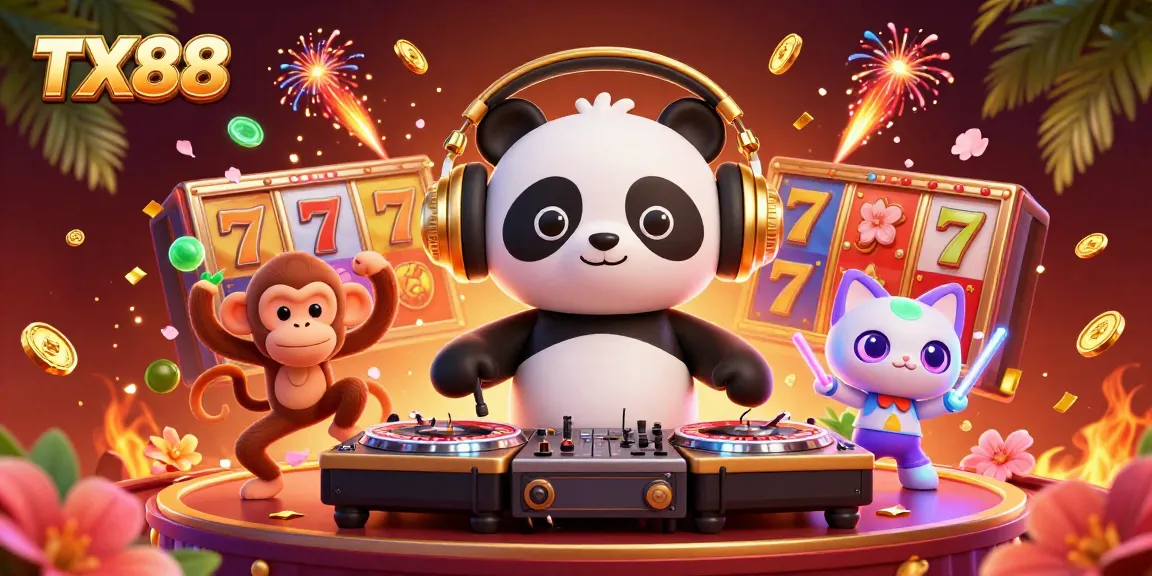 Experience thrilling gameplay at TX88 with a lively illustration of a DJ panda, monkey, and kitten celebrating casino excitement.