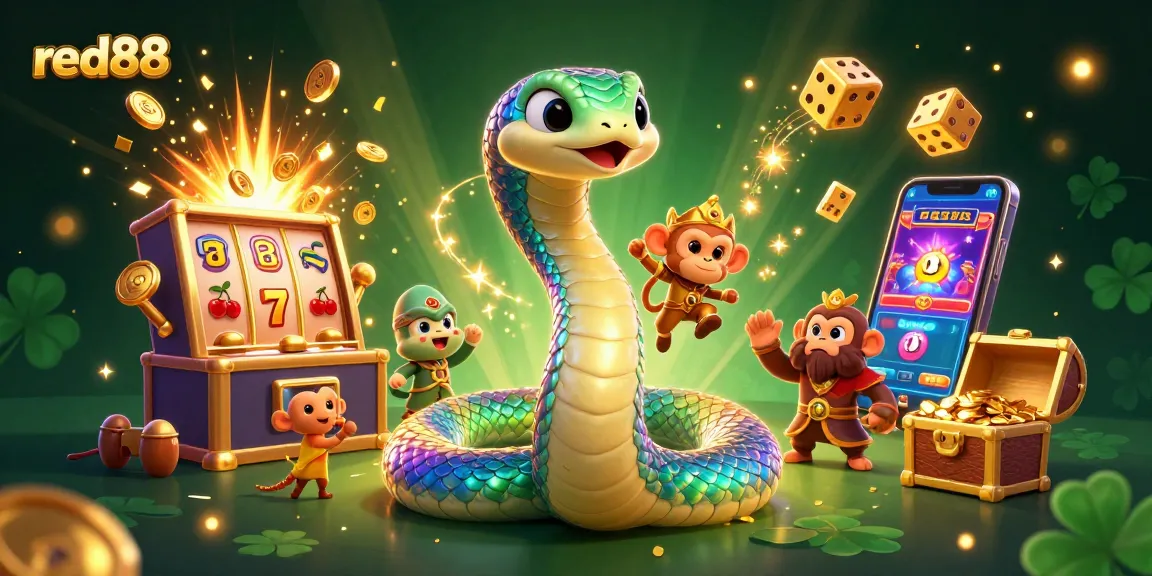 Join the excitement of red88 with a vibrant casino scene featuring a rainbow serpent and a playful monkey king.