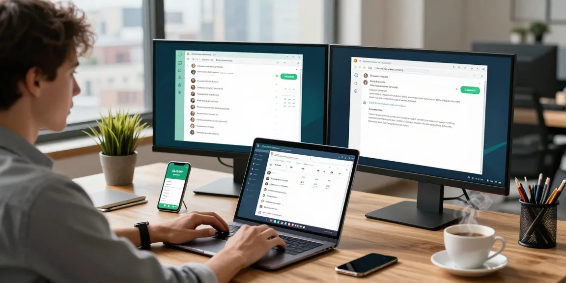 Engaged professional using WhatsApp電腦版 on dual monitors in a modern workspace.