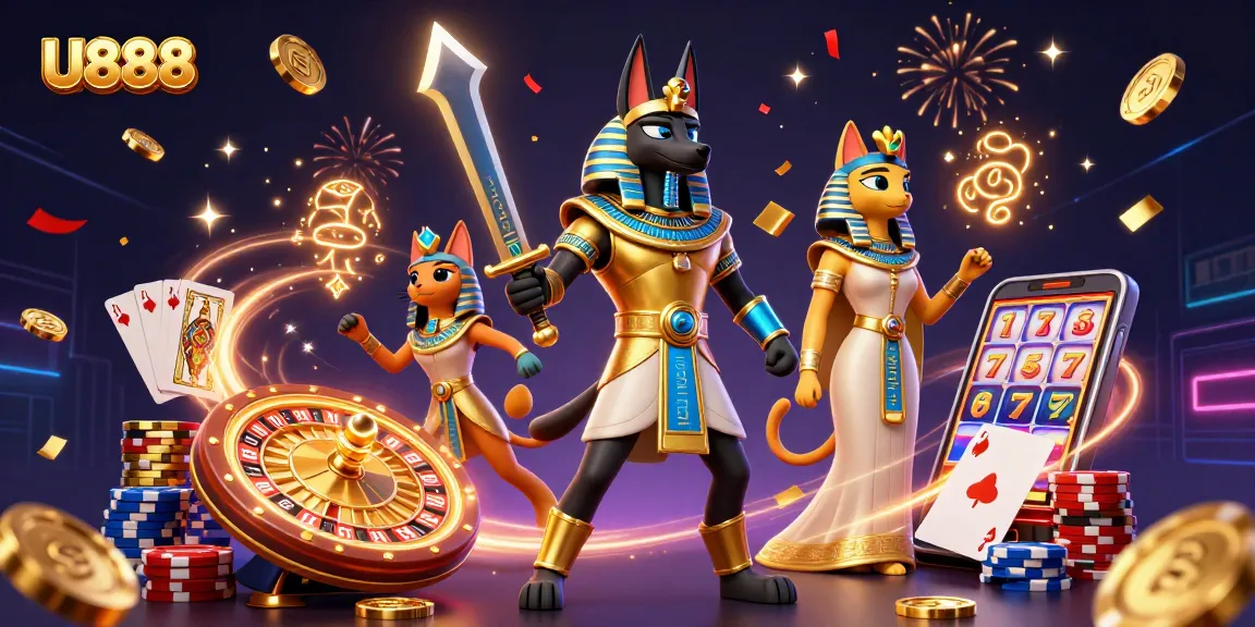 U888 slots action featuring an ancient warrior amidst cascading coins and vibrant game elements.
