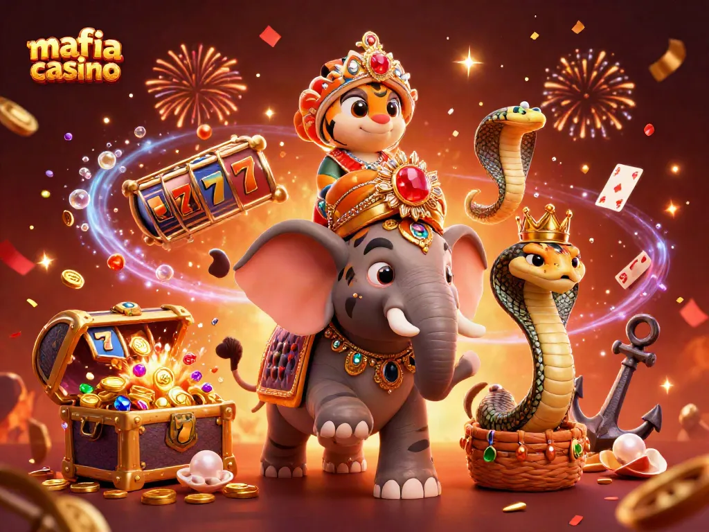 Mafia casino promotional illustration with a maharaja tiger riding an elephant, surrounded by vibrant gaming elements.