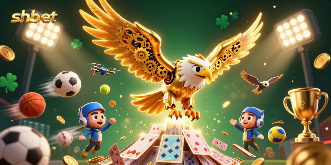 shbet engages bettors with vibrant action featuring a cybernetic eagle among sports elements.