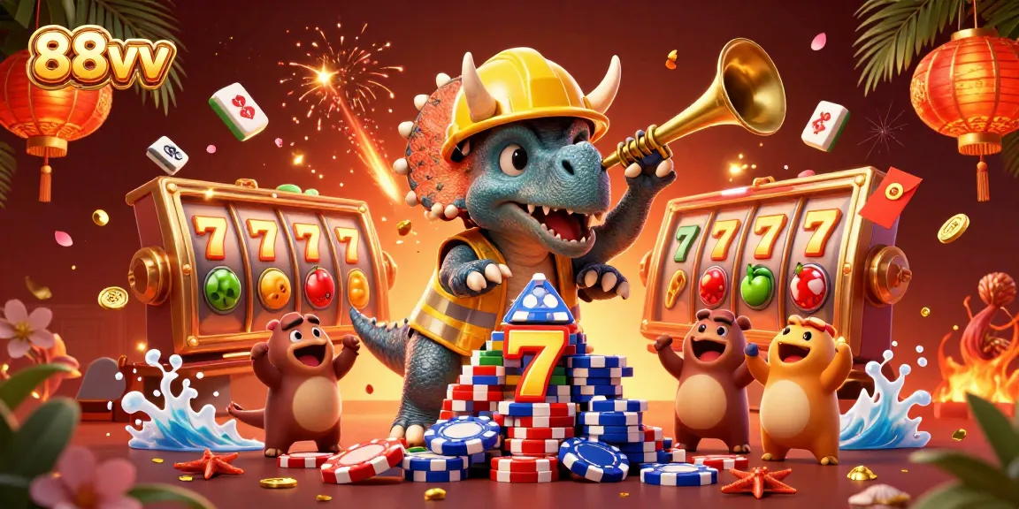 Engage with the vibrant world of 88vv, where a playful triceratops builds poker chip towers amidst festive elements.