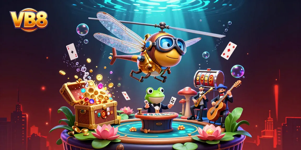 Experience the excitement of VB8 as a dragonfly pilot hovers over a vibrant casino scene.