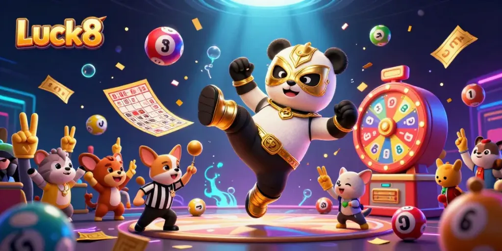 Experience thrilling wins with Luck8 in a vibrant 3D casino scene, featuring exciting gameplay elements.