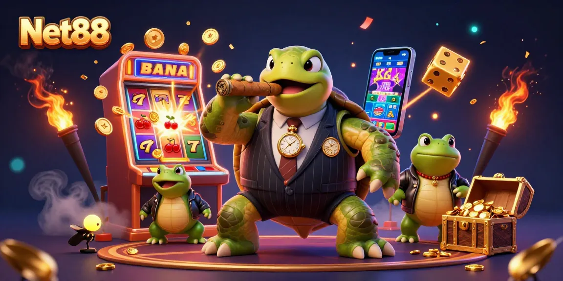Experience thrilling wins at Net88 with a vibrant, casino-themed illustration featuring a massive snapping turtle.