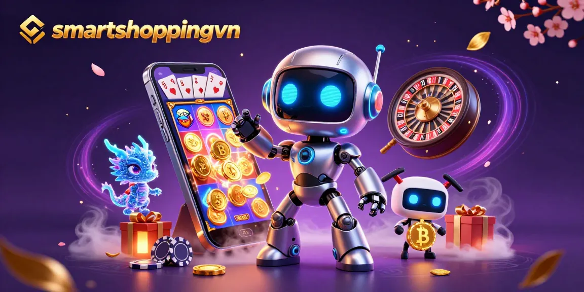 Engage with smartshoppingvn's vibrant gaming world featuring a dynamic casino illustration with a robot mascot, AI dragon, and bitcoin drone.