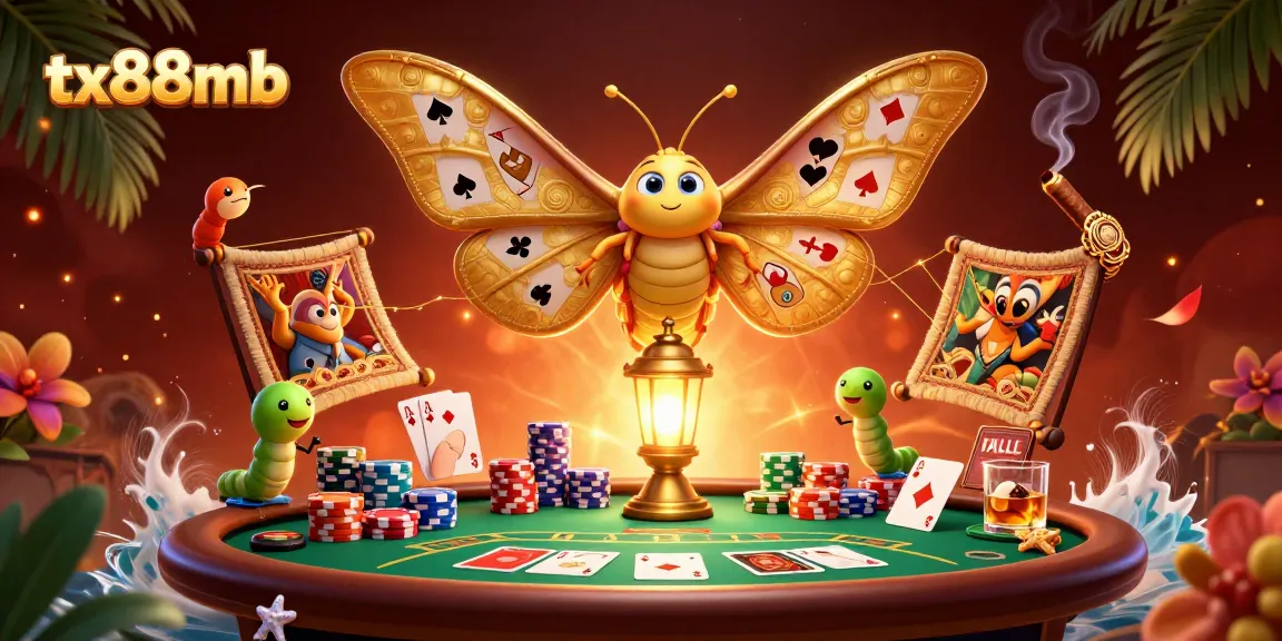 Experience thrilling poker action with tx88mb, featuring a vibrant scene with golden moths and poker elements.