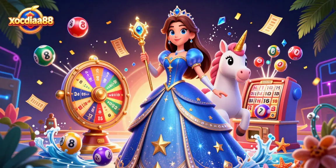 Xocdia88 offers a vibrant scene with a royal character and unicorn amidst dynamic gambling elements.