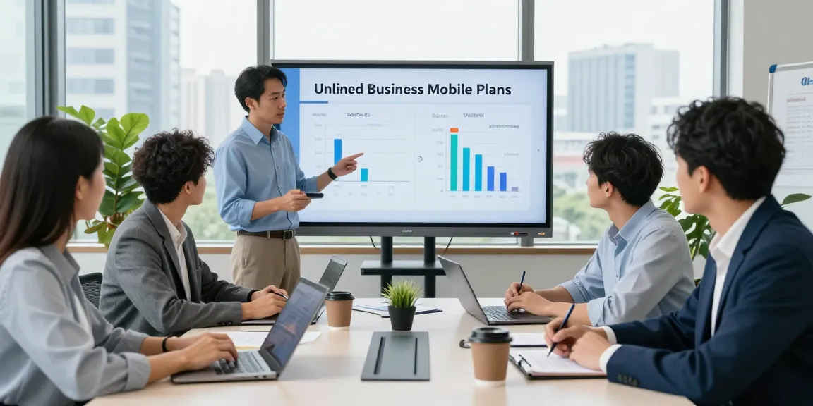 Team discussing unlimited business mobile plans in a bright office, showcasing collaboration and strategy.